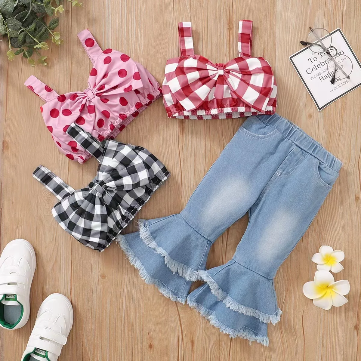 J&H 2022 new arrivals fashion checkered tank crop top and bell bottom jeans 2 piece outfits baby girls toddler kids summer set