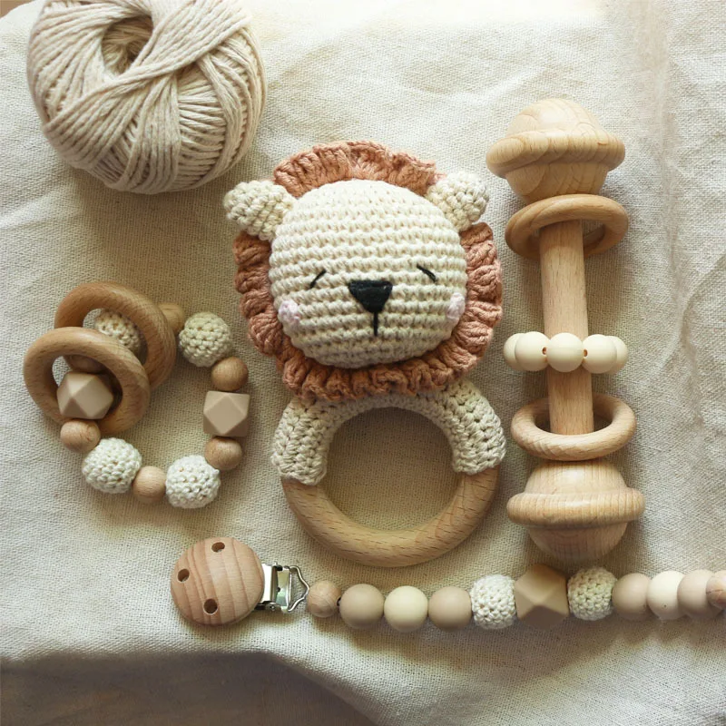 Amazon Diy Wooden Beads Lion Animal Rattle Set Crochet Toys Baby Teething Shower Baby Gift