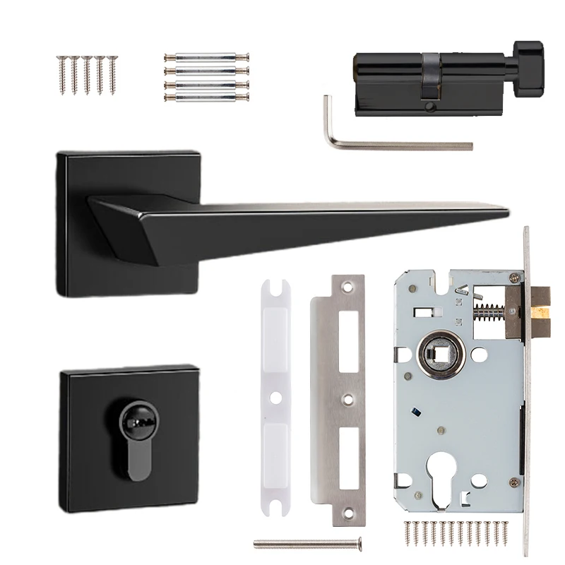 Modern luxury Italian Matt Black interior door knobs mortise Accessories European Zinc Aluminum Square Lever lock Handles
