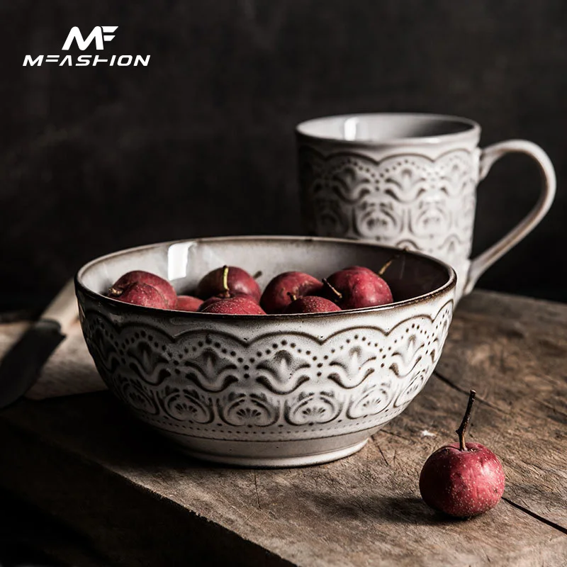 Direct selling American retro ceramic tableware embossed craftsmanship dishes and dishes personalized dishes and bowls wholesale