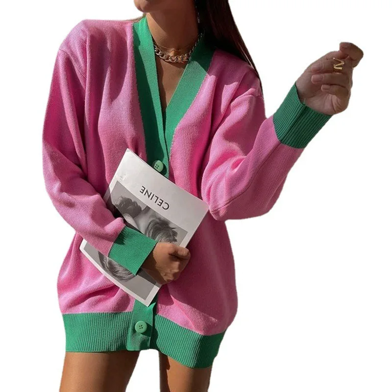 Fancy Custom Logo US women V Neck cardigan contrast color viscose cotton rib Knitted cardigan sweater