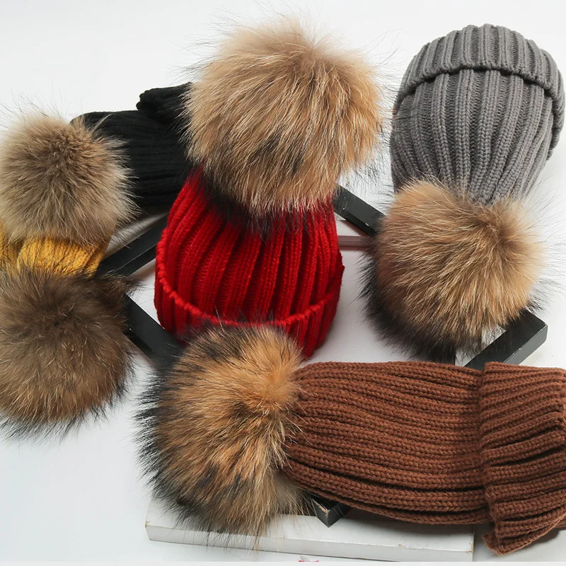 Factory Direct Sales Winter Warm Knitted Beanie Hats Unisex Rabbit Fur Hat With Pom Pom