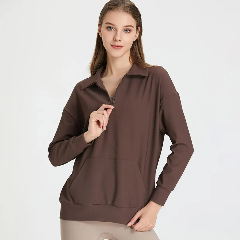 Latest Autumn Loose Women Half Zipper Equestrian Hoodies Polo Neck Sports Horse Riding Tops Big Pockets Equestrian Clothing