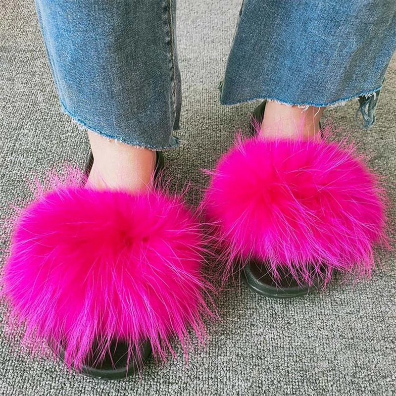 2021 Newest Colorful Outdoor Fur Slippers Ladies Raccoon Fur Slides Soft Sandals Luxury Fur Slides