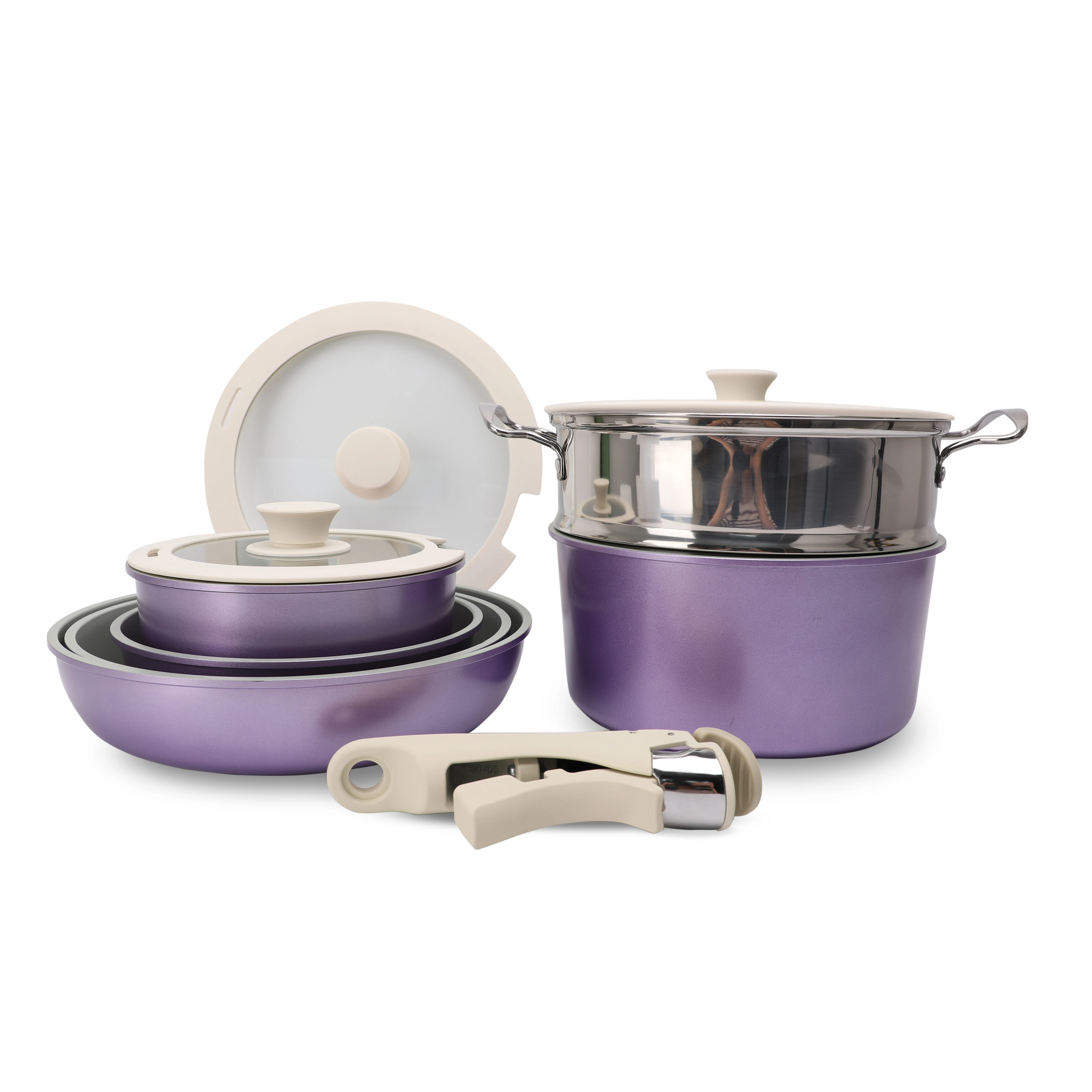 Multitasking Cookware Set 9PCS  Pots and Pans with Detachable  Removable Handle