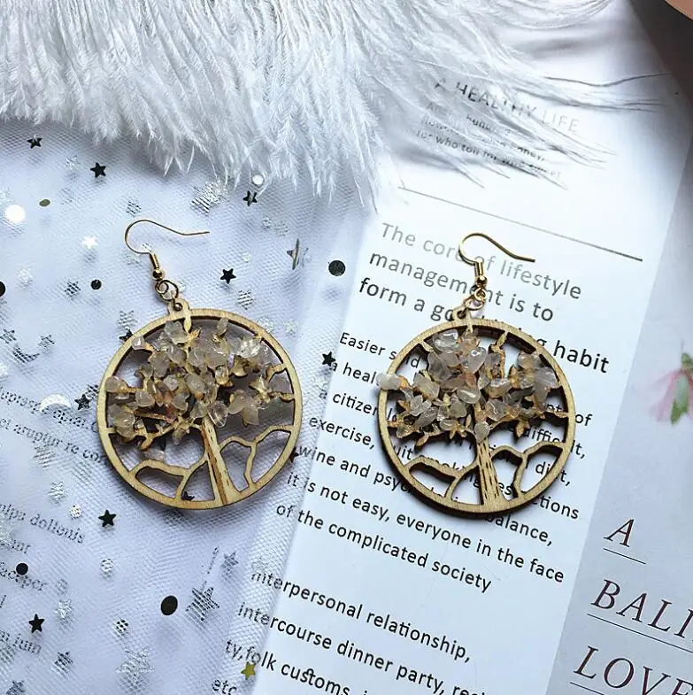 
wholesale vintage wood earrings jewelry fashion wooden flower dangle earrings statement natural stone earrings for women 