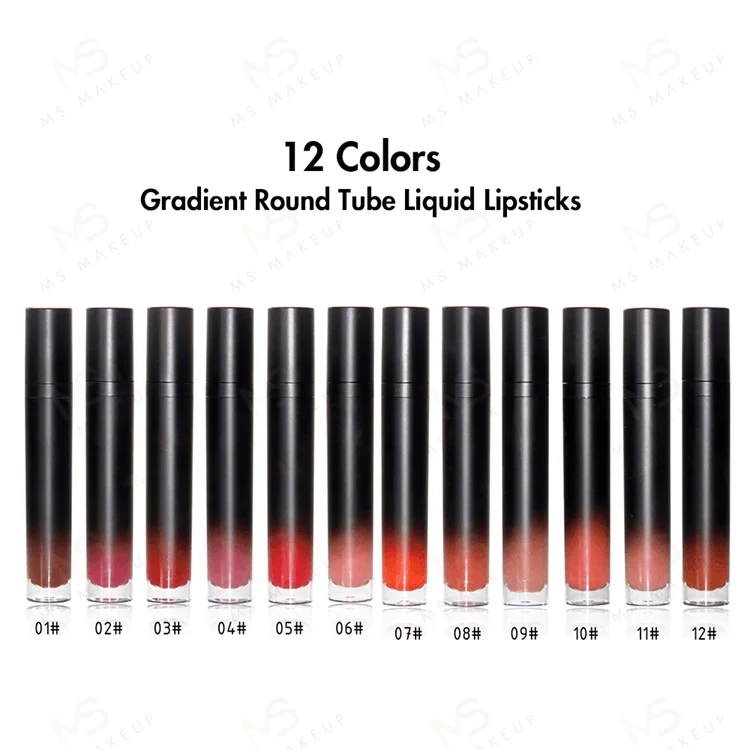 Low Moq Oem 12 Colors Gradient Round Tube Long Lasting Customized Logo Vegan Nude Liquid Private Label Matte Lip Stick Lipsticks