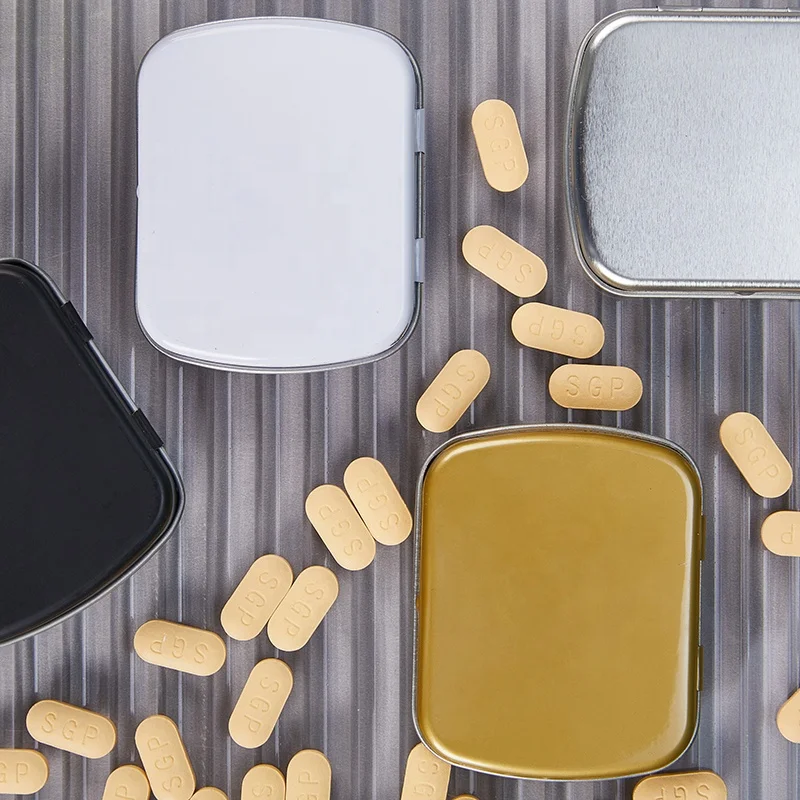 Factory Stock Custom High Quality Food Grade Black Gold Silver Candy Storage Medicine Travel Dispenser Metal Tin Box With Hinge