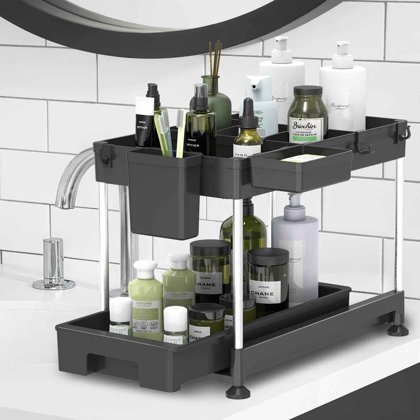 2 Tier Under the Sink Sliding Organiser Storage Shelf Drawer Bathroom Rack Stackable Cabinet Under Sink Organizer