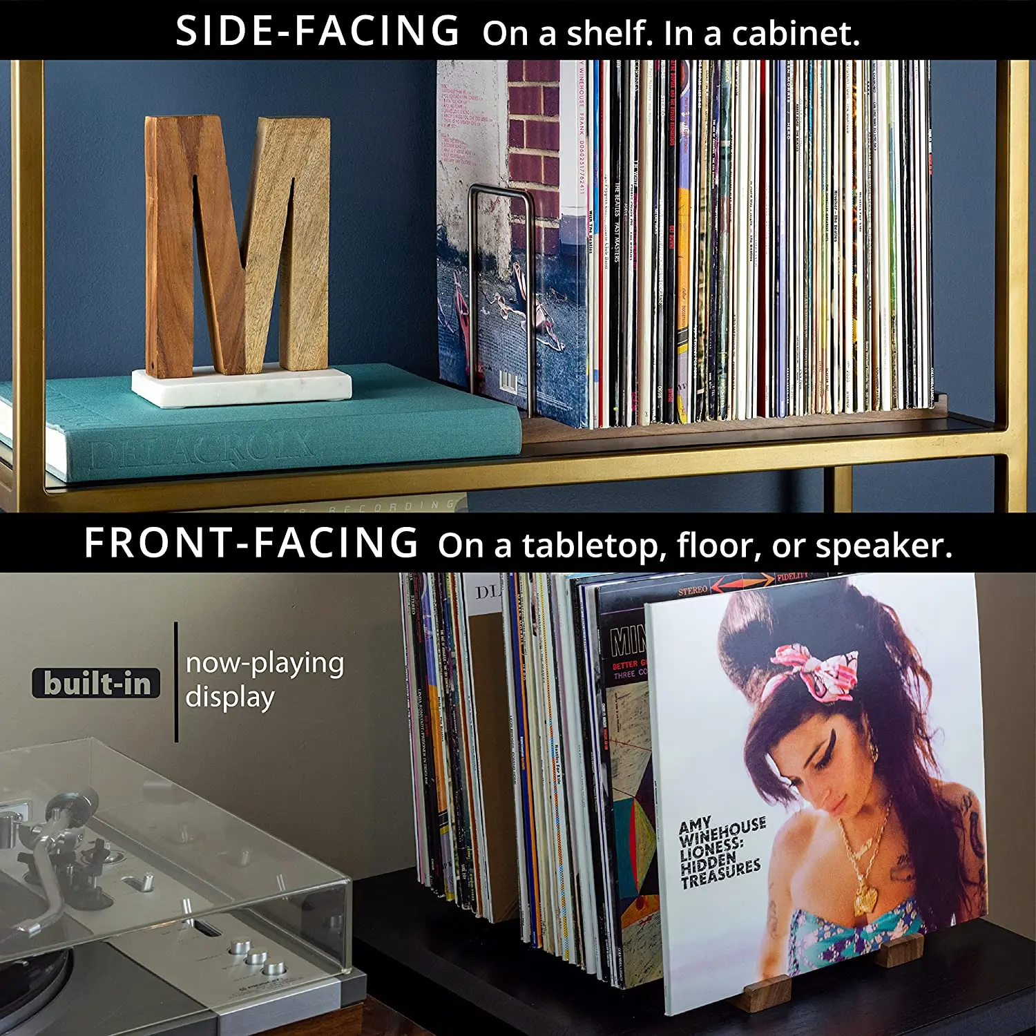 Solid Walnut Wood Record Holder, Built-in Now Playing Vinyl Record Stand, Use for Record Storage