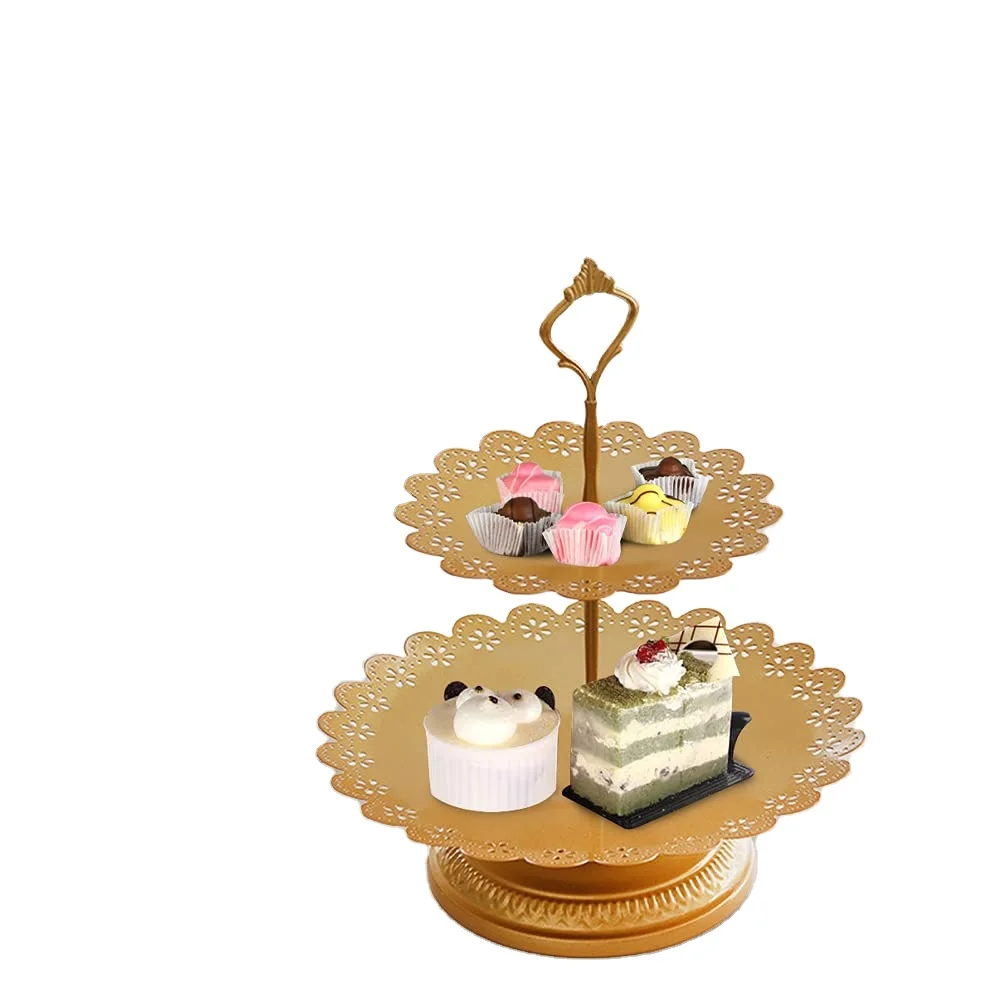 Elegant Design Gold Plated Textured Two Tier Metal Cake Stand With Metal Handle Luxury Decorative Cake Stand new arrival