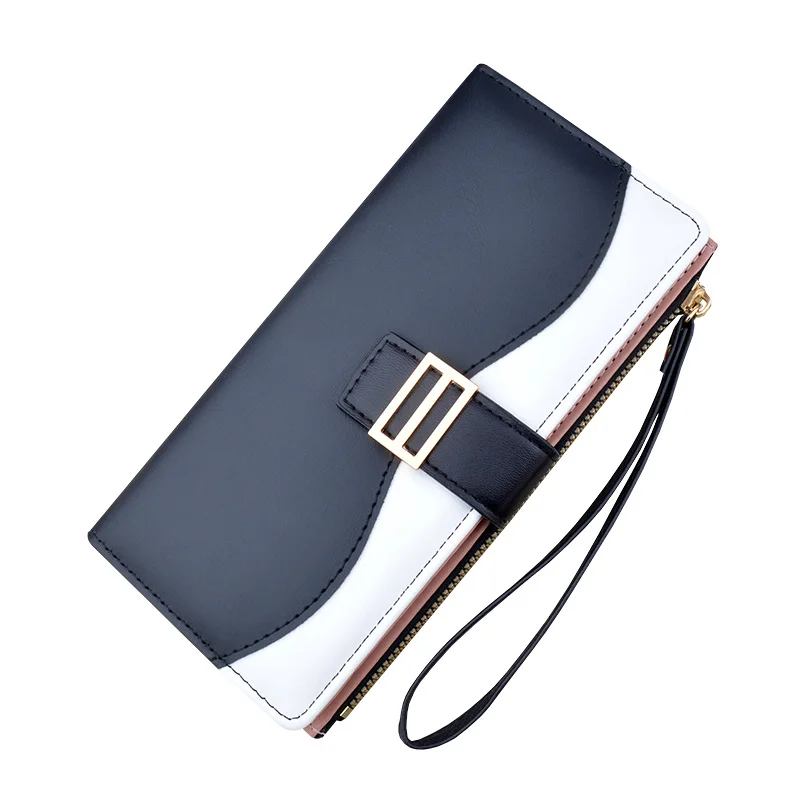 Fashionable Long Women Wallet Multi Card Bag Zipper Snap Button Wallet Contrast Soft Leather Wallet Handheld