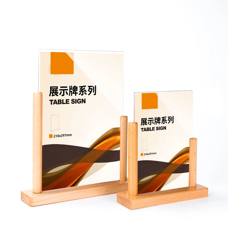 High quality acrylic holder plastic sign vertical holder shop display stand with wooden base for restaurant