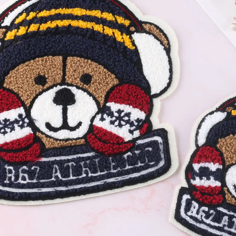 
Custom Cartoon Towel Embroidery Bear Sew On Chenille Patches for Clothing 