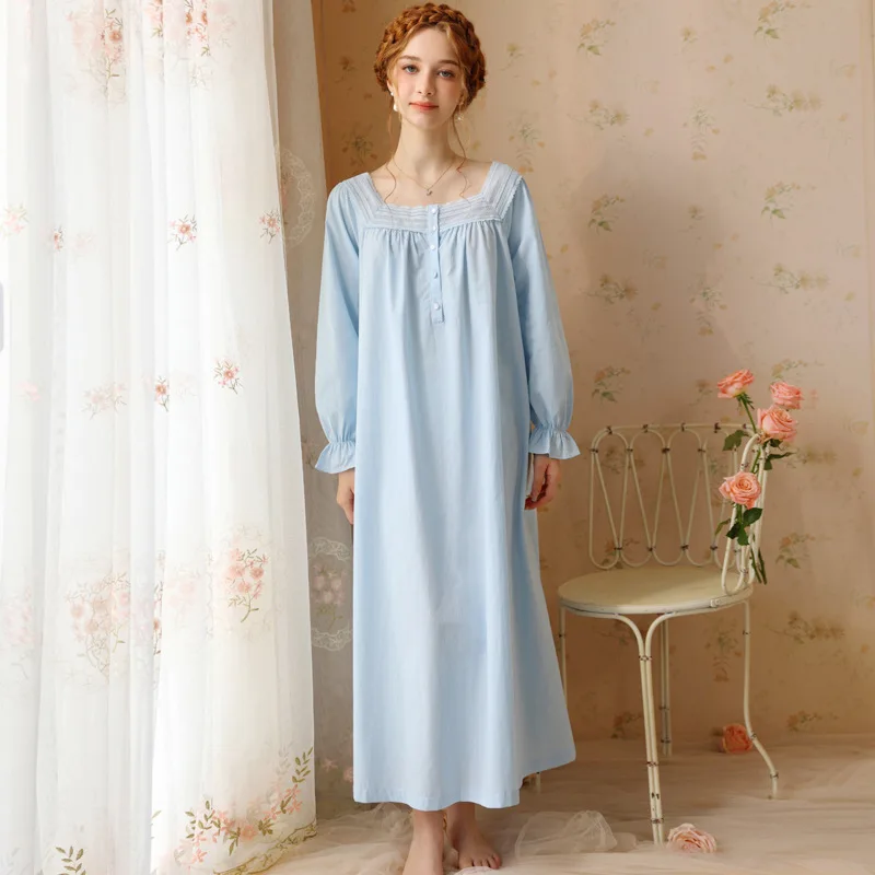 French Princess Cotton Solid Lace Nightgown for Girls New Pure Desire Style Loose Long sleeved Long Court Pajamas