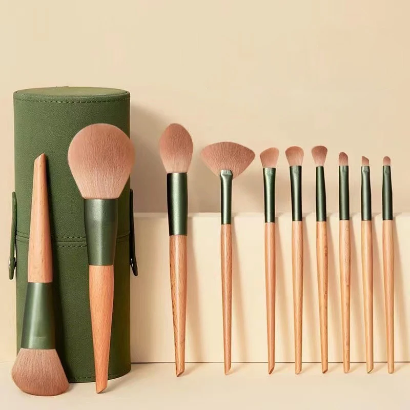 DailyQueen Natural wooden green soft custom your logo makeup brush set bag private label green color white hair fluffy brushes