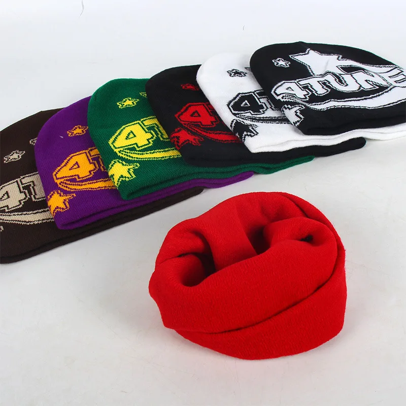 Wholesale Fashion Design Y2K Big Letter 4 Tune Star Logo All Over Print Jacquard Knit Beanie Hat