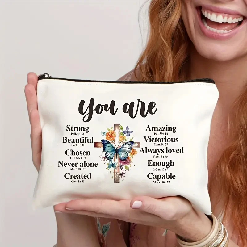 1pc Inspirational Christian Gifts you are strong beautiful pattern Personalized Makeup Bag Travel Toilet Storage Bag Cosmetic