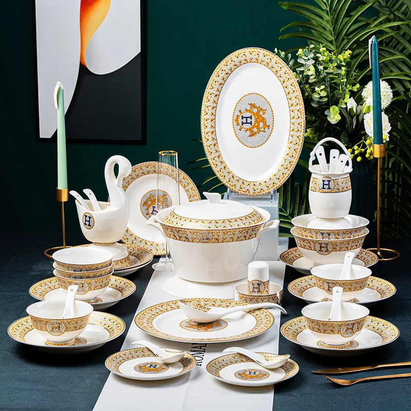 Лучшие продажи Jingdezhen 52 шт в западном стиле золотой мозаичной костяной фарфоровой посуды