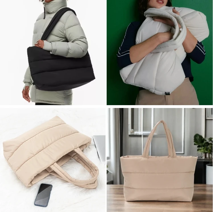 large carryall puffy cotton shoulder bag white lightweight oversize custom quilted puffer travel tote bag woman handbag