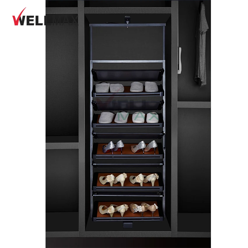 WELLMAX Wardrobe Shoes Rack 360 Rotating Shoe Rack ABS Laminate Board PU Closet Accessories With Soft-closing Storage