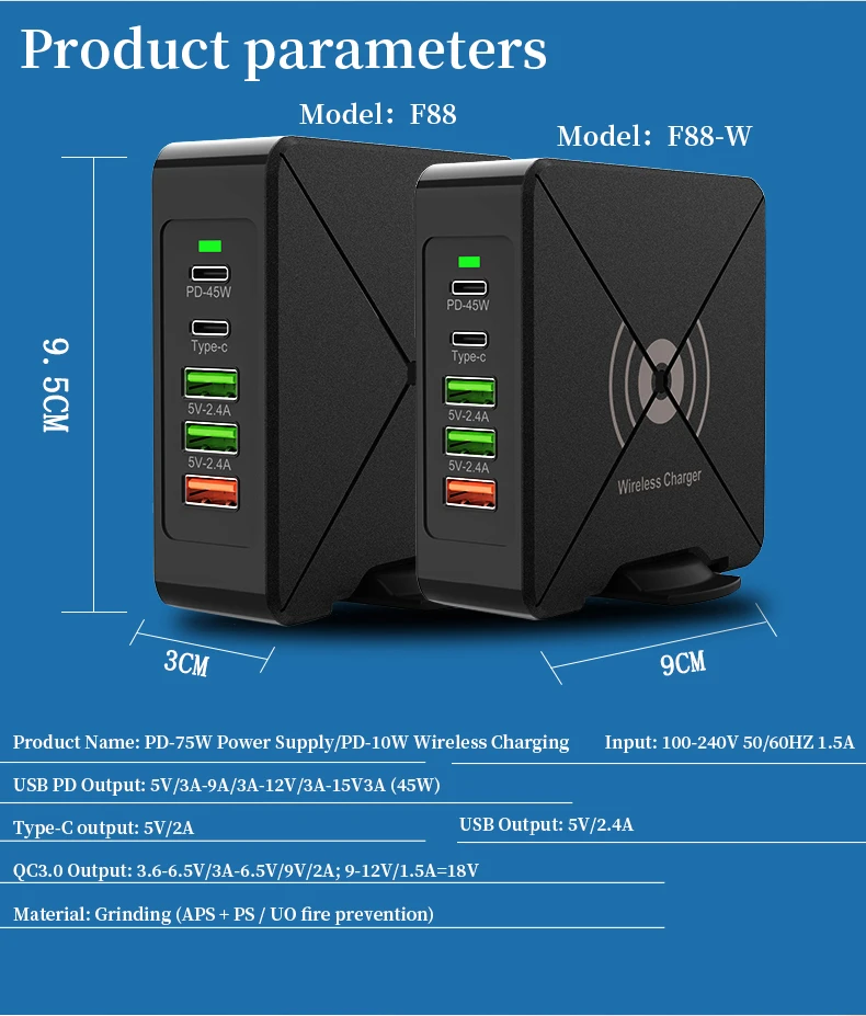 Multiple PD 75w Desktop 5 USB Ports  Charger Qi Fast Travel Adapter for Mobile phone