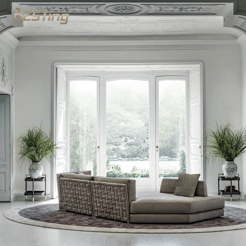 Italian L-shape sofa beige color furniture luxury villa velvet fabric modern sectional sofa living room furniture
