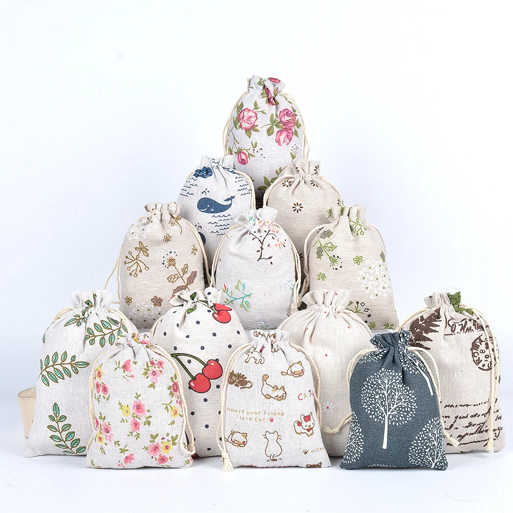 13*18 Printed Cotton Linen Drawstring Bag Recyclable Anti-Mosquito Incense Sachet and Fresh Linen Storage Bag in Stock