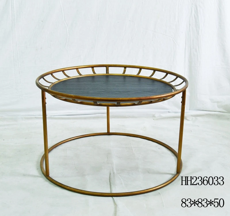 INNOVA antique rustic round wooden top golden metal coffee table living room furniture side center coffee table