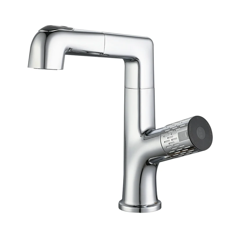 2021 New Style Bathroom Luxury Bright Single Hole Black washbasin Water Tap Brass Sensor Automatic Pull Out Basin Faucet Mixer