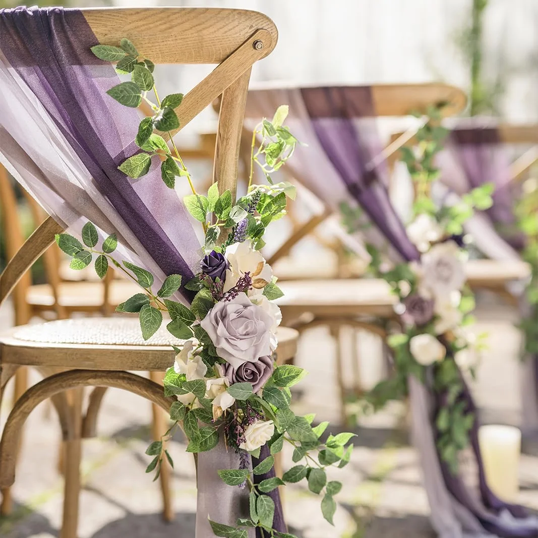 Wedding Chair Decorations Aisle Pew Church Artificial Flowers Lilac Purple Gold Bench Ceremony Reception Backdrop Party Outdoor