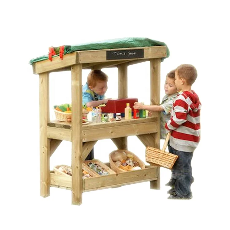 Outdoor Solid Wooden Children Role Play Centre 2 Tires Robust Market Fruit And Veggie Stall For Kids