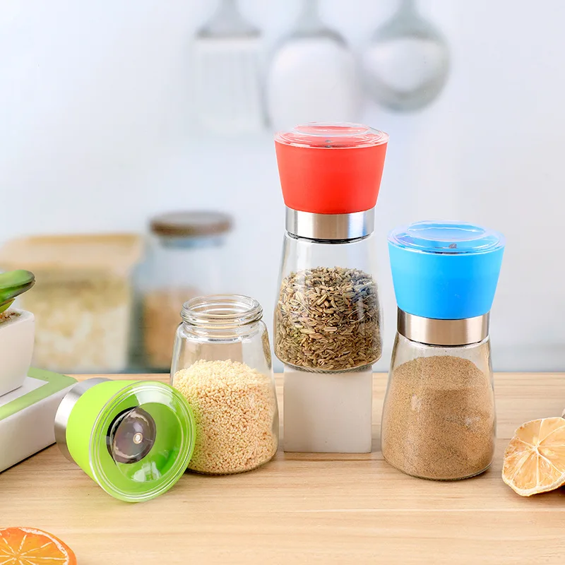 Salt and Pepper Mill Set Black Pepper Grinders with Adjustable Ceramic Core 150ml Glass Shaker Sea Salt Grinder Pink Salt Mills