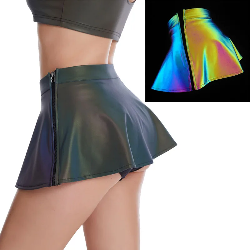 fashion A-line hi viz rainbow reflective women ladies Jk girl hot style club sexy short dress side zipper miniskirt mini skirt
