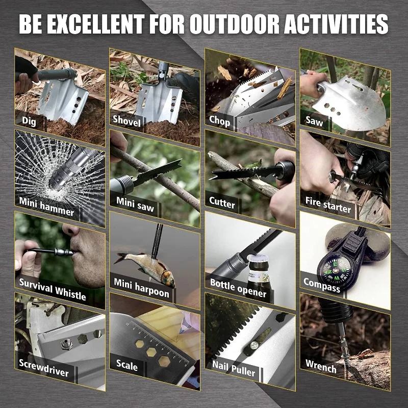 Zune Lotoo Survival Folding Shovel 18 in 1 Multitool Tactical High Carbon Steel Entrenching Tool Portable Camping Shovel