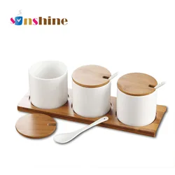 Nordic Kitchen Creative Ceramic three-piece set of Seasoning Jars With Spoon and Wooden Tray