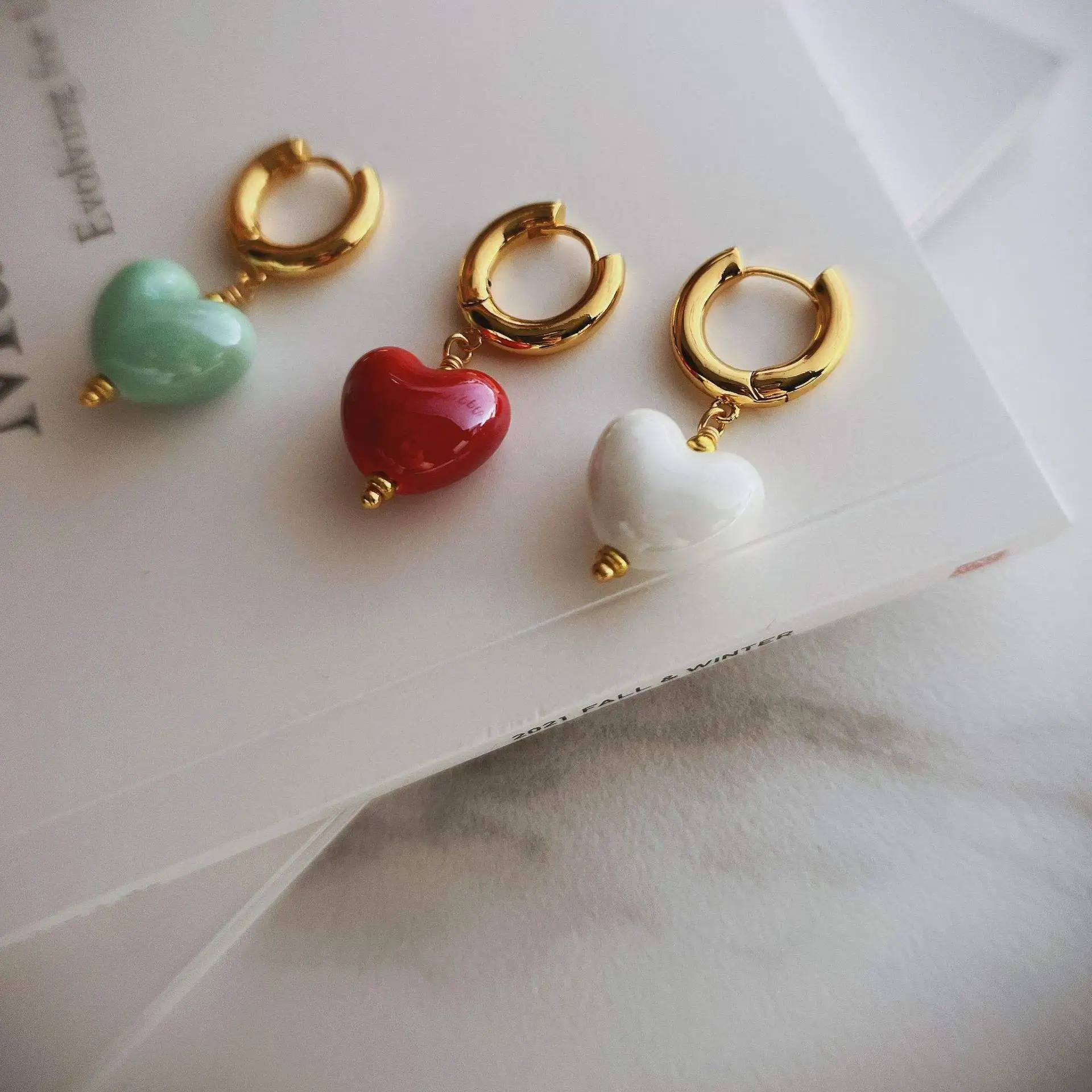 INS Fashion Copper Sweet Jewelry Multi Color Cute Heart Shape Copper Colorful Clay Ceramic Hoop Earrings