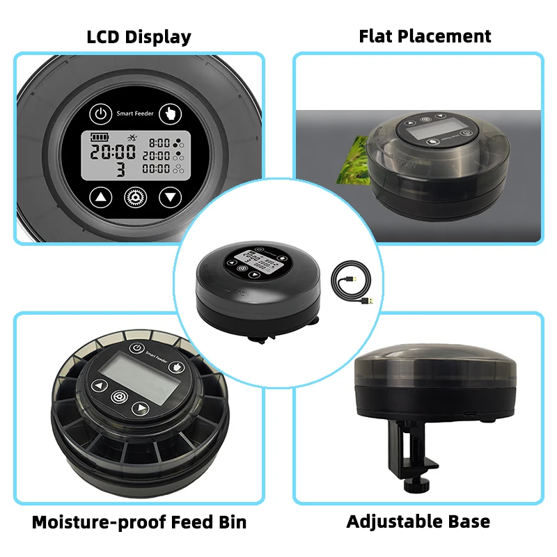 New Popular Rounded Recharge Lithium Automatic Timer Fish Feeder Smart LCD Fish Food Feeder for Aquarium Fish Turtle Tank
