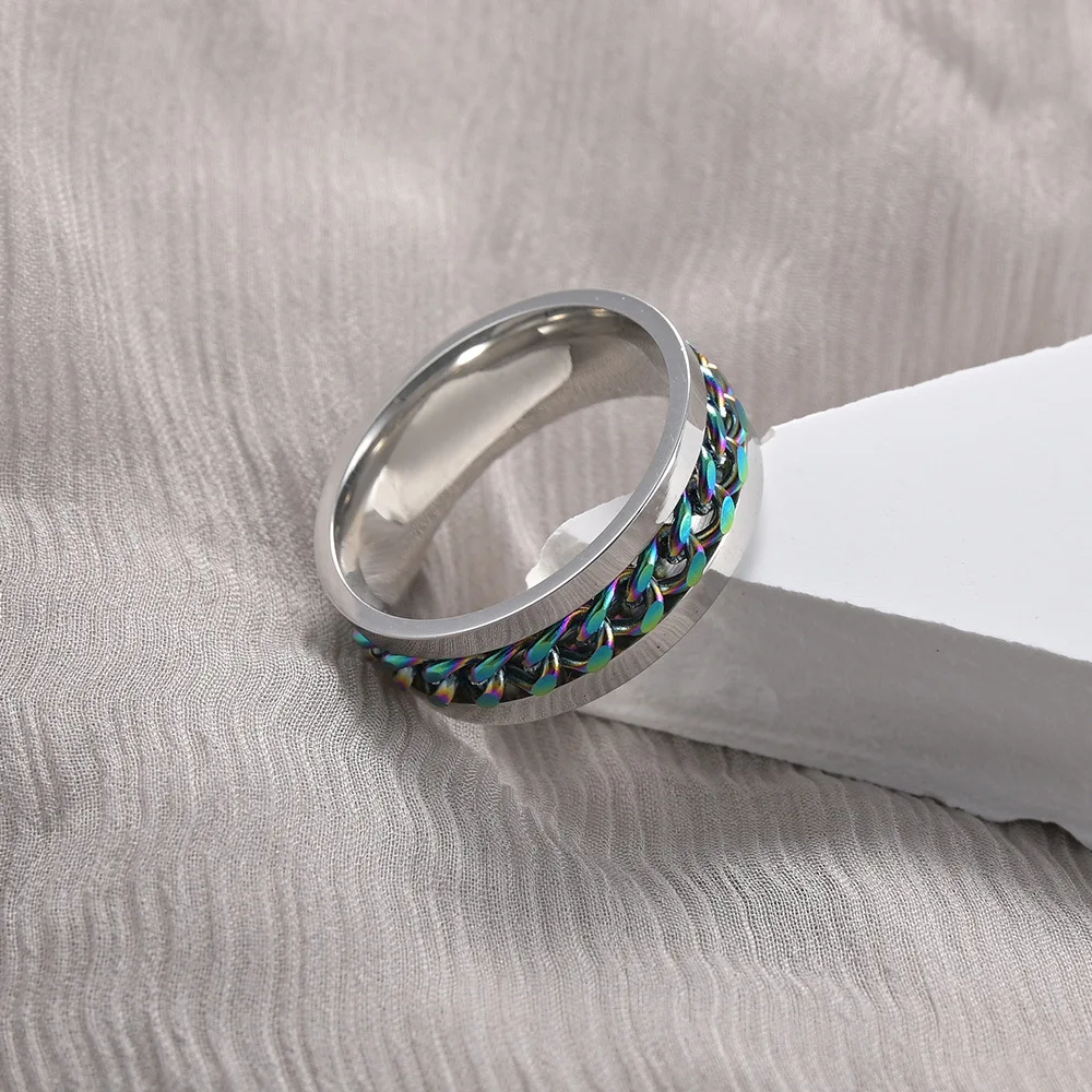 304 Stainless Steel Hip Hop Punk Chain Spinning Jewelry Embossed Anxiety Relief Fidget Rings