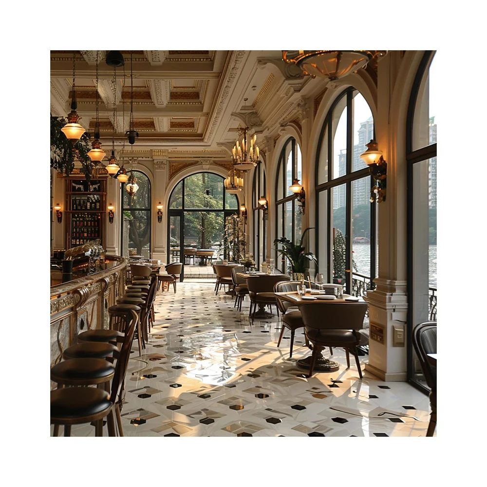 AI Concept Creative Design European Style Classical Wall Beige Tone Cafe High Profile Texture Wide Layout 3D Rendering Service