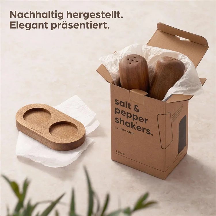 handmade natural acacia wood Salt and Pepper Shakers with saucer tray