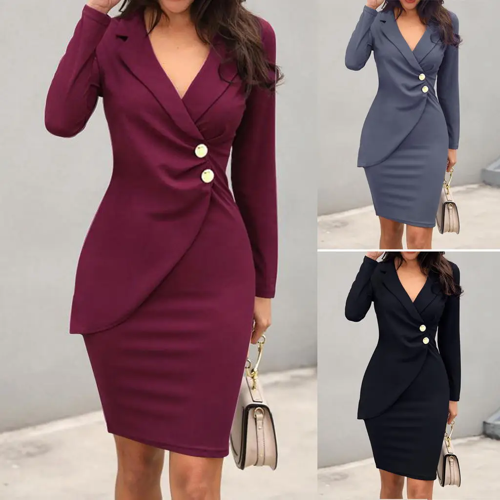 Women single breasted women sheath bodycon lapel v neck button single breasted ladies career long sleeve blazer office dress