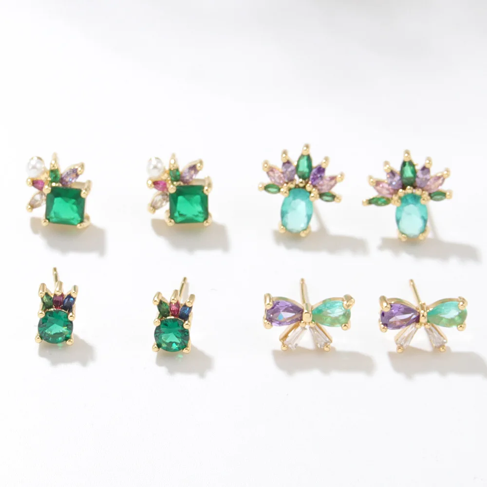 2022 new design small size  copper stud earrings Green crystal cute flower earrings for women jewelry