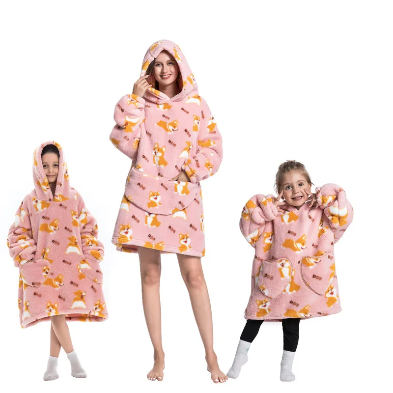Wearable Blanket Hoodie set for Adults and Teens fleece cartoon printed Blanket with Big Handy Pockets and Sleeves