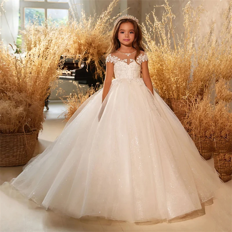 Top Quality Flower Girls Wedding Dresses Princess Lace Applique Floor Length Prom Gown Kids Formal Evening Dresses