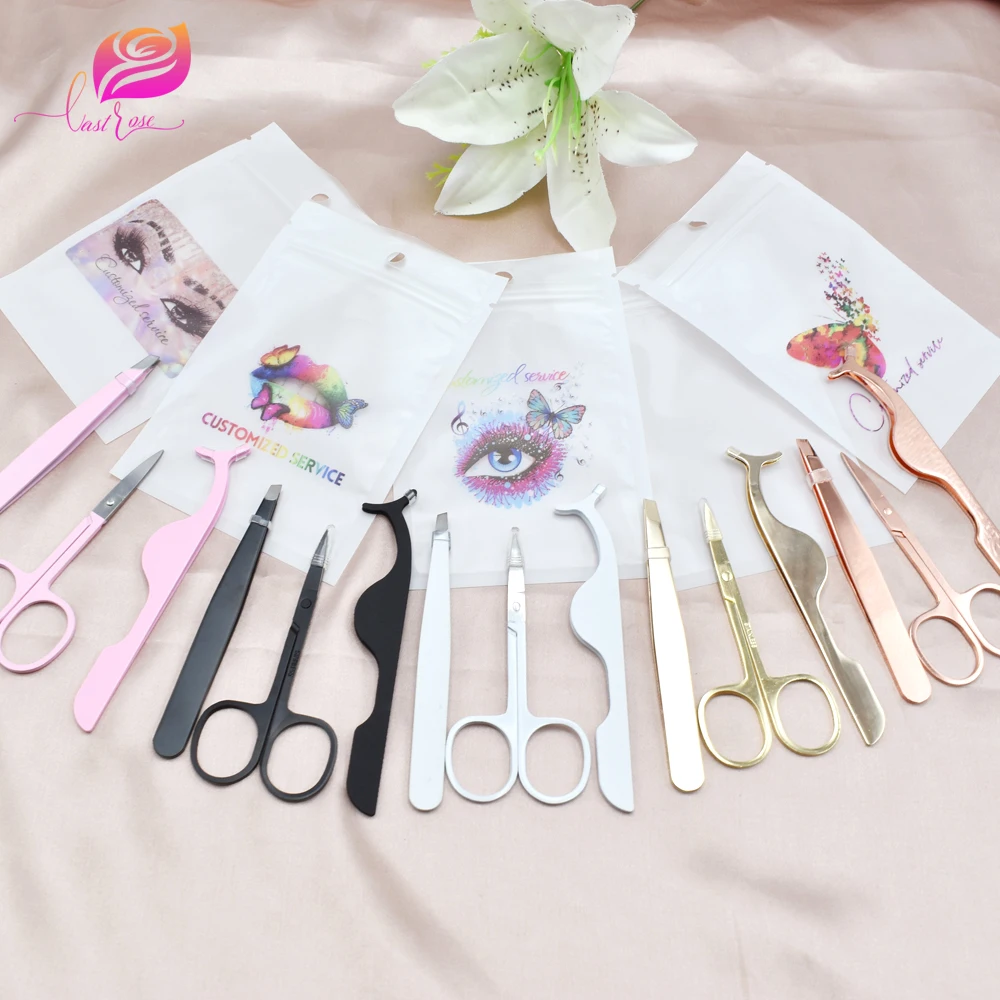 private label pink lashes scissors eyebrow tweezers eyelash applicator set,private logo stainless steel 3pcs lash tweezer kit