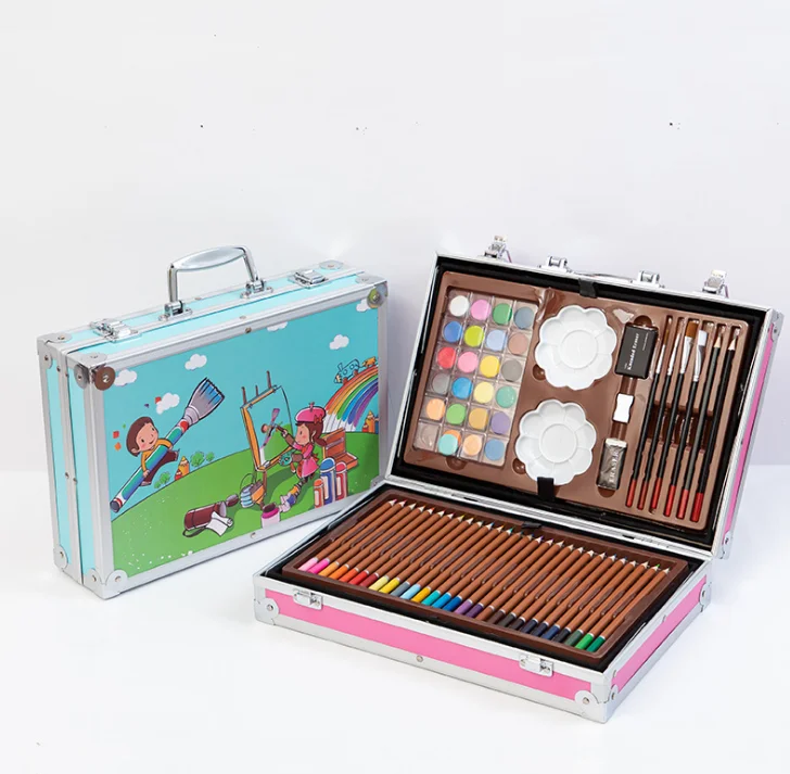 Trifold Easel Art Set, Drawing Box with Colored Pencils, Markers, Paint Brush, Watercolor Cakes, Sketch Pad