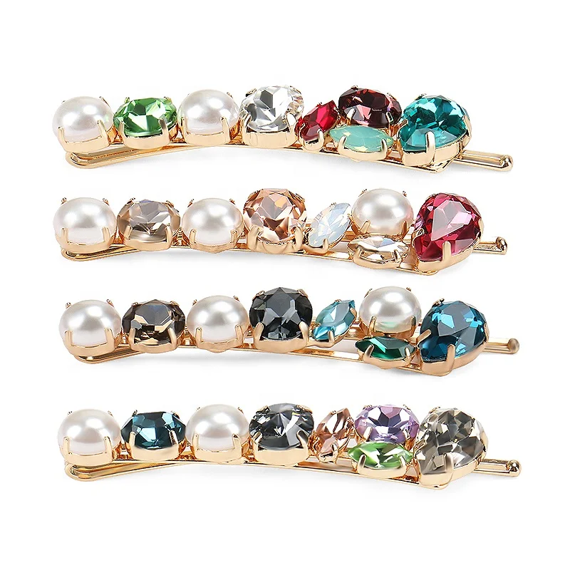 Women Gold Alloy Hair Clip Fashion Crystal and Pearl Hair Pins Colorful Crystal Pearl Hair Pin for Girls