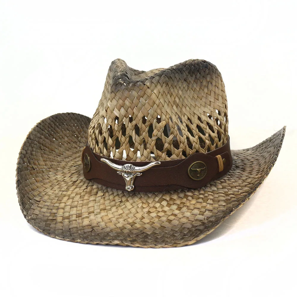 Metal Logo Leather Strap Decorated Mens Boho Western Cowboy Hat Salt Straw Hat