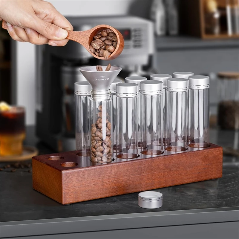 Coffee Bean Storage Wooden Display Stand with Funnel Coffee Spoon for Coffee Bean Glass Tube Display Rack Set